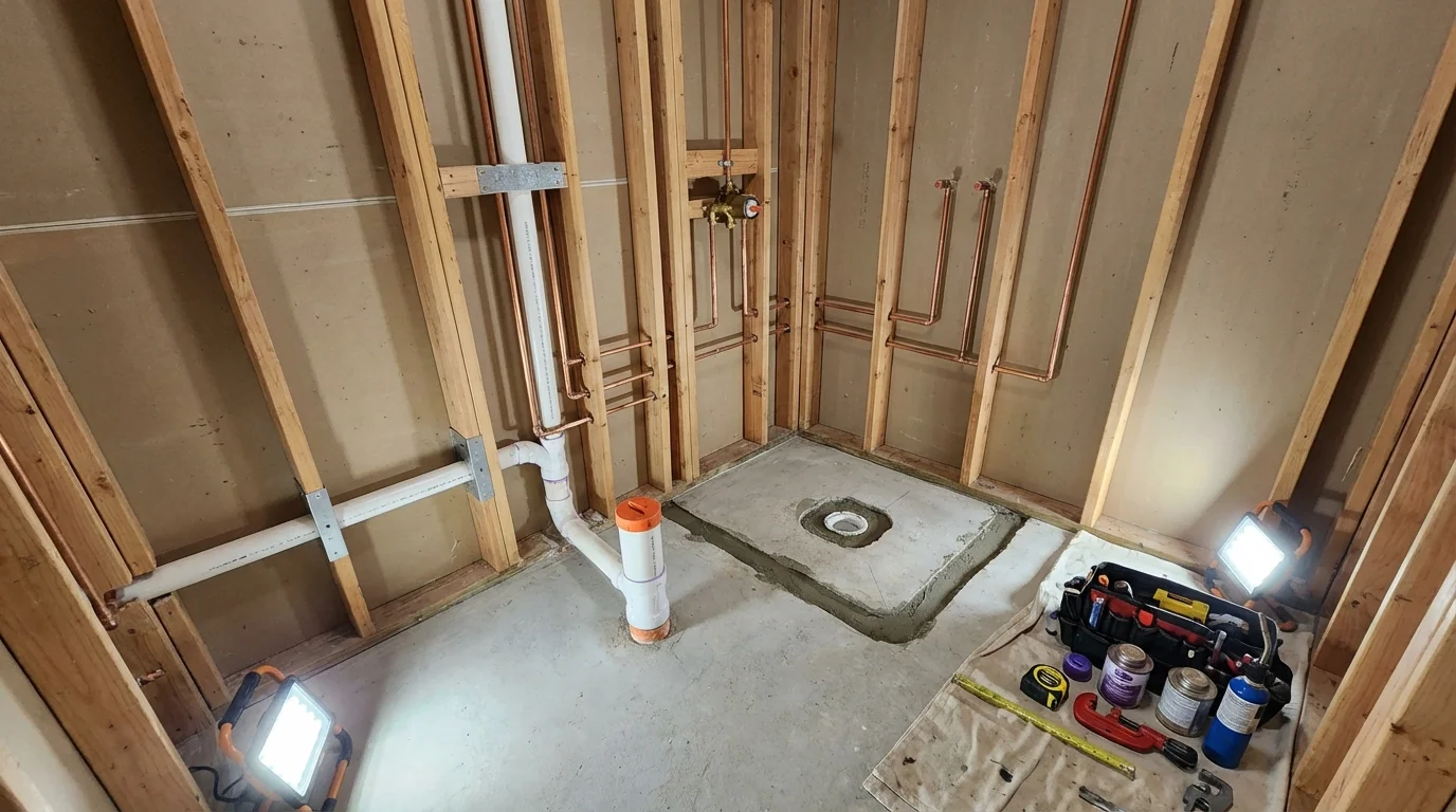 Bathroom rough-in plumbing during remodel by Johns Plumbing LLC in Uniondale