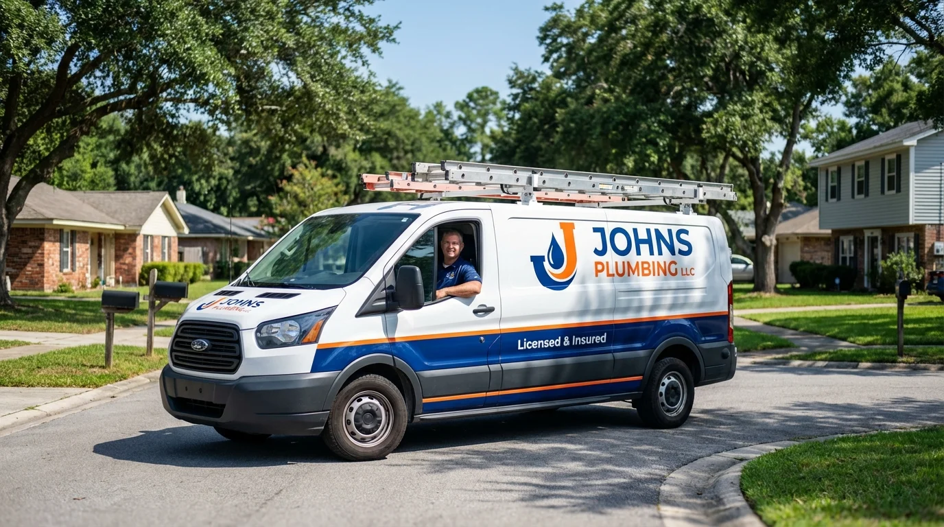 Johns Plumbing LLC service van in Uniondale, NY
