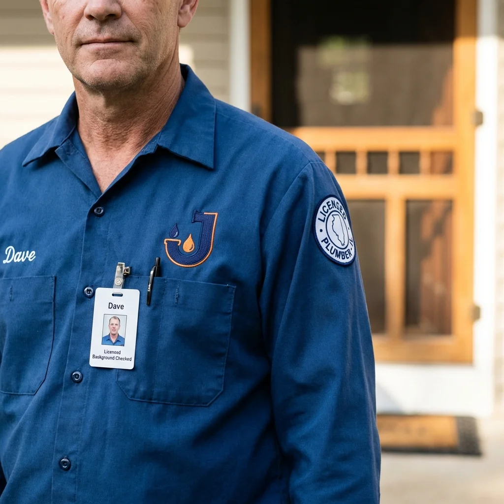 Licensed plumber showing ID badge in Uniondale, NY