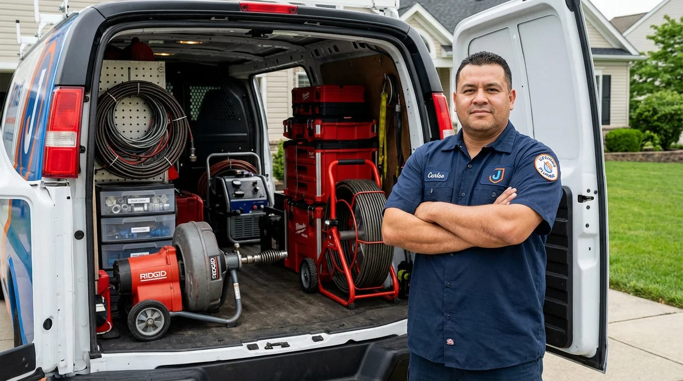 Professional drain cleaning equipment and Johns Plumbing LLC plumber in Uniondale