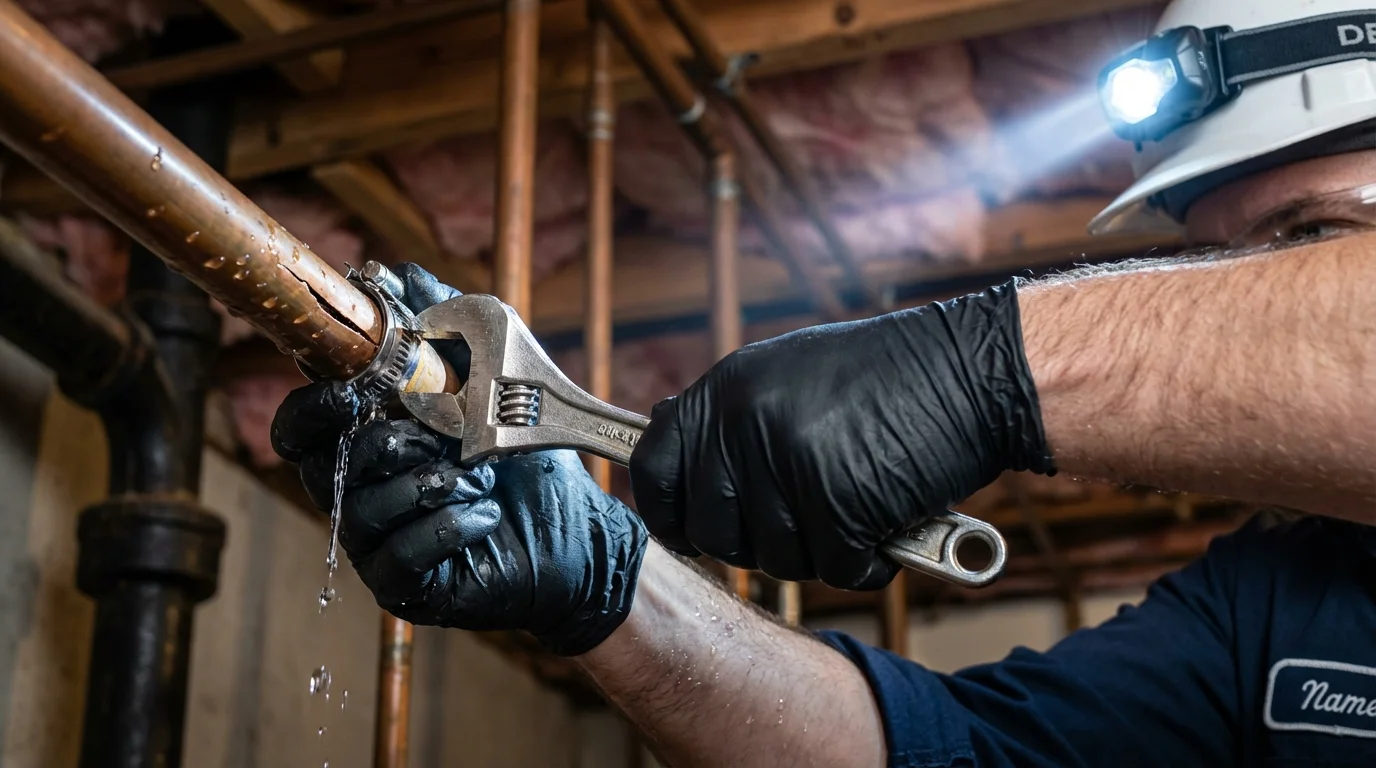 Emergency pipe clamp repair being performed by a Johns Plumbing LLC plumber in Uniondale