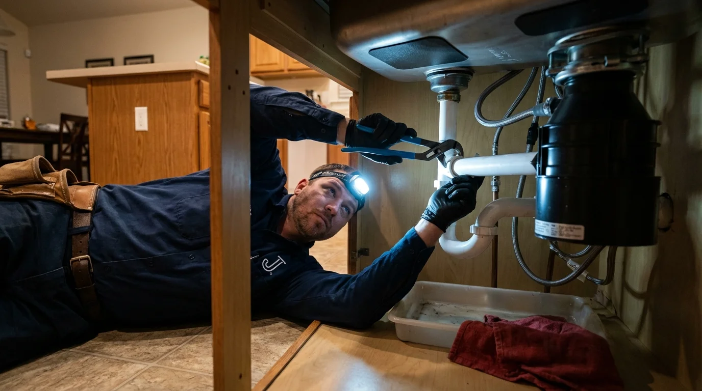 P-trap and supply line connections under a kitchen sink showing a common leak point in Uniondale, NY